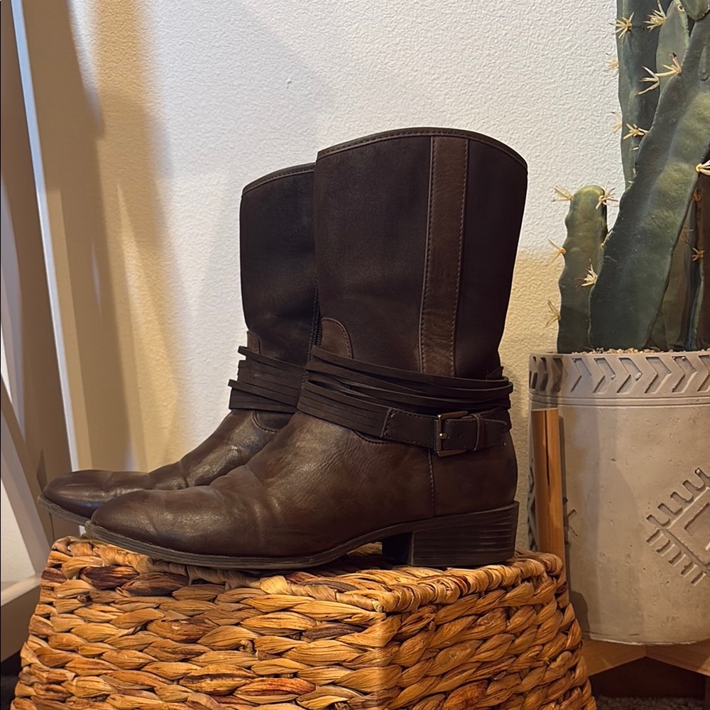 Chic Brown Faux Leather Boots with Strap Detail